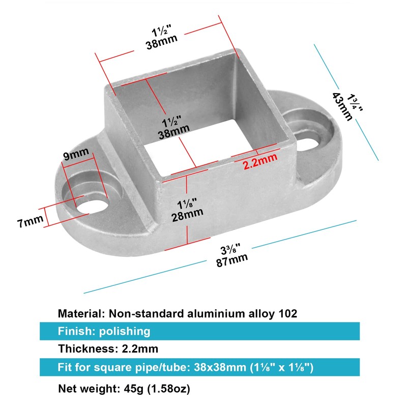 10 Pack 1-1/2" x 1-1/2" Square Post Flange Base, Aluminum