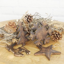 Macosa GW37233_x4 Christmas Pendants Set of 4 Mango Wood 12 cm Christmas Decoration for Hanging Pendant Decorative Hanging Decoration Christmas Winter Decoration
