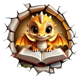 3D Dragon Wall Decal, Reading Baby Dragon Breaking Through Wall, Kids Room Decorative Sticker
