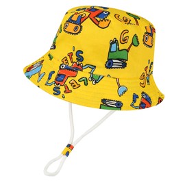 JUPSK Baby Sun Hat Toddler Summer Bucket Hat Wide Brim Beach Cotton Cap with Adjustable Chin Strap UPF50 for Kids Child Boys Girls 2-4 Years (Yellow Tractor)