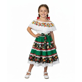 Girls’ Mexican Traditional Floral Dress with Lace and Embroidery for Cinco De Mayo and Fiestas, Green, Size 8