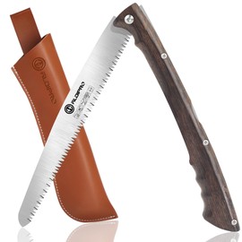 Folding Pruning Saw 10 Inch with Leather Sheath and Wenge Wooden Handle, SK5 Steel Blade, Foldable Hand Saw for Camping, Survival, Wood Cutting, Bushcraft and Tree Trimming