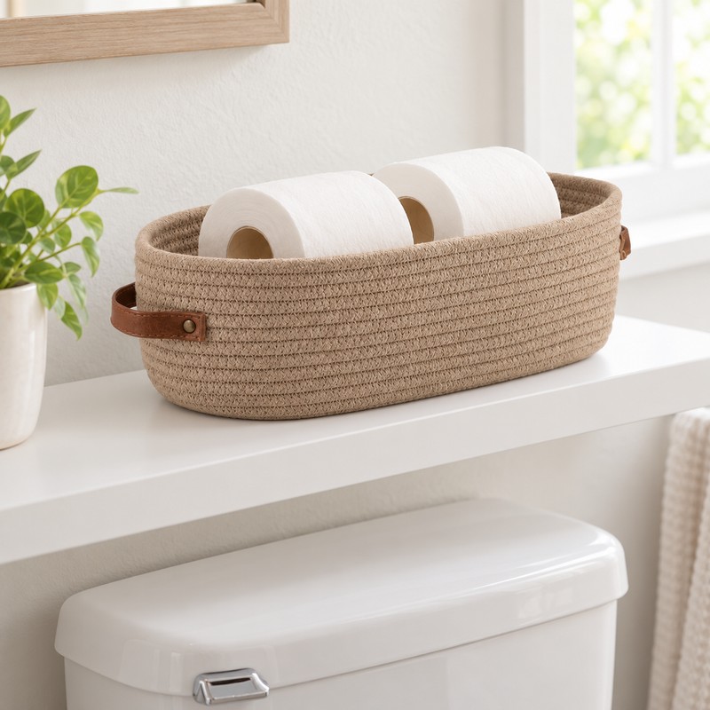 Oval Woven Fabric Storage Basket in White – Multifunctional Bathroom