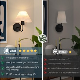 Rechargeable Battery Operated Wall Sconce Sets of 2, 15 Colors Wireless gooseneck Black Wall Lights Fixture with Dimmable Bulbs and Remote, Not Hardwired Wall Mounted Lamps for Bedroom Living Room