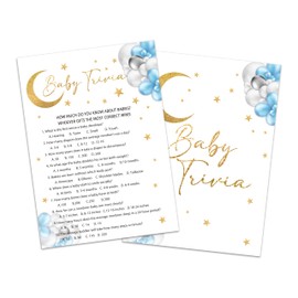 QUDNCR Baby Trivia Game Cards, Moon and Stars Baby Shower Games Card, Over The Moon Gender Reveal Games Set, 25 Twinkle Star Game Cards & 1 Answer Key for Baby Shower Party, 02