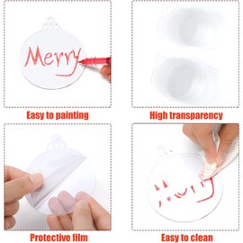 LATERN Pack of 60 Christmas Baubles Clear Acrylic Discs Ornaments, 10 cm Round Acrylic Christmas Decoration Empty Flat Baubles with Holes and Red Ribbon for Christmas Tree Party Hanging Decoration