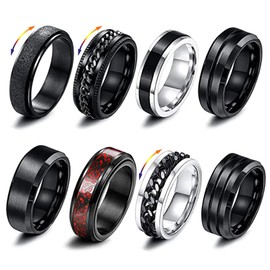 Men's Stainless Steel Spinner Ring, 8 Pieces, Black Fidget Band Rings, Cool Twisted Chain, Anxiety Rings, Men's Rings, Black Spinner Ring Set for Men and Women, Size 54/57/60/62/65/67/70, Stainless