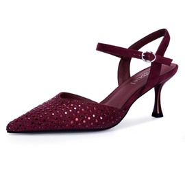 Migpuel Burgundy Rhinestone Kitten Heels for Women Elegant Pointed Toe Stiletto Heel Adjustable Buckle for Prom Dress Wedding Party