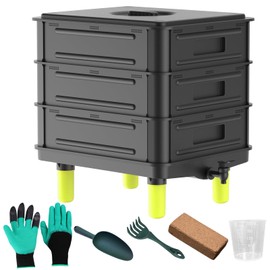 3-Layer Worm Composter, 50L Worm Compost Bin for Indoor & Outdoor, Worm Farm Starter Kits for Vermicomposting Starter, Garden Worm Composting Bin for Recycling Food Waste (Black)