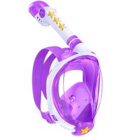 X99 Kids Full Face Snorkel Mask, Snorkeling Gear with Latest Dry Top Safe Breathing System, 180 Degree Panoramic Snorkeling Set for Kids with Camera Mount, Anti-Fog Anti-Leak White Purple