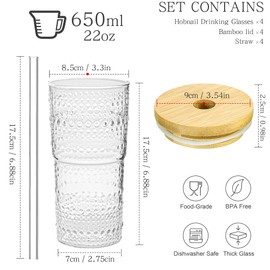 4 Pack 20oz Hobnail Drinking Glasses with Bamboo Lids and Glass Straw,High Borosilicate Glass Tumbler Cup Reusable Wide Mouth Smoothie Cups,Beer, Iced Coffee Glasses, Soda