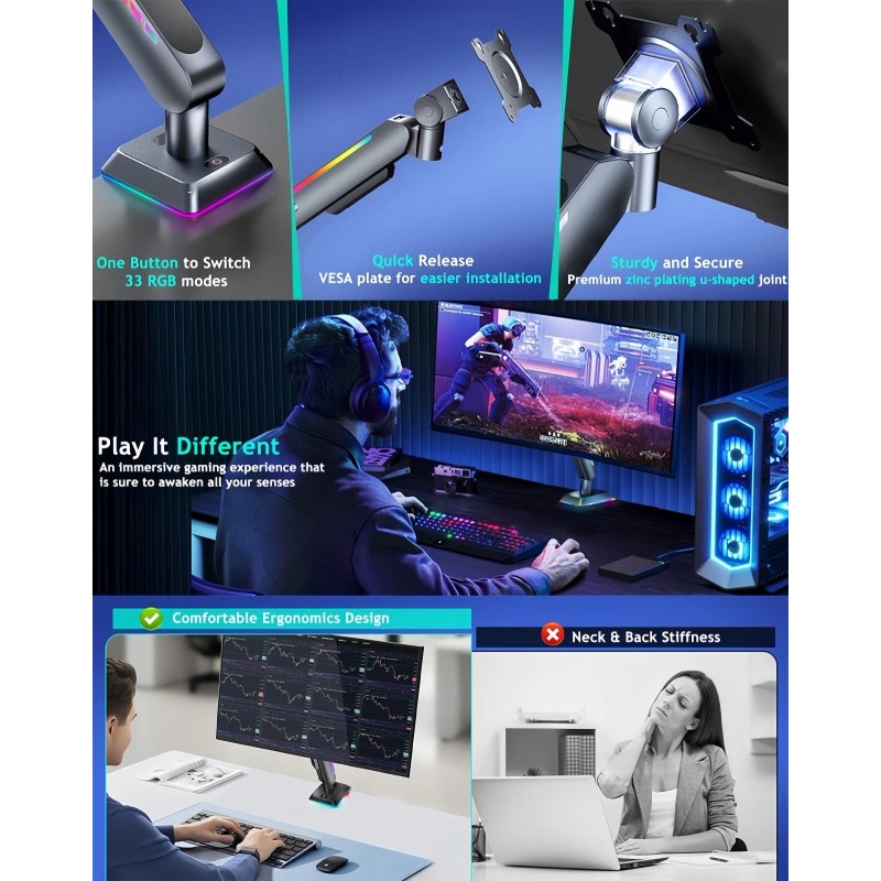 THEARK Gaming Monitor Stand with RGB LED Lights – Adjustable