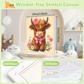 cviokrdu Highland Cow Paint by Numbers Kit for Kids with Frame - Wooden Easel, Animals Paint by Numbers for Kids Ages 4 8 12, Easy Acrylic Oil Painting Kits for Home Wall Decoration 8x8 inch