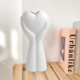 FAMUKEN White Ceramic Flower Vase Cute Hand Holding Heart Shaped Vase for Boho Home Décor, Unique Nordic Modern Minimalism Art Vases for Living Room Wedding Party Office Table Centerpieces 9" High