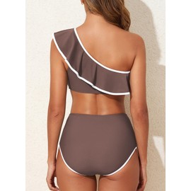 Herseas Women's One Shoulder Bikini Color Block Trim Ruffled Swimsuits Elegant Bathing Suits Brown 2 Pieces Wireless Swimwear Large