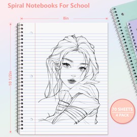 Spiral Notebooks College Ruled 4 Pack, 1 Subject, College Ruled Paper, 10.5"x8", 70 Sheets, Plastic Cover with Pocket, 3 Hole Punched, Perforated Pages, Silver Coil Binding – Ideal for School, Office, or Journaling, Pink, Blue, Green, Purple
