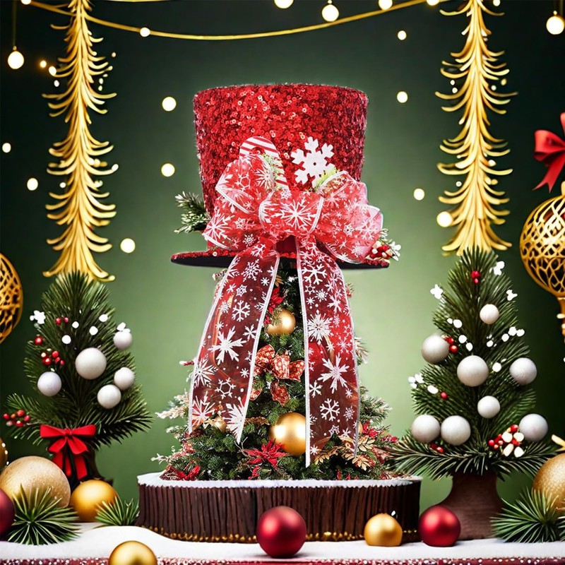YUEMING Christmas Tree Topper Hat, Red Hat with Striped Bow