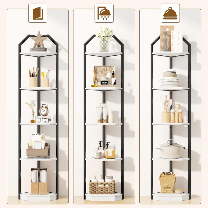 70" Tall Corner Shelf Stand, 5 Tier Wood Shelves for