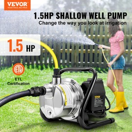 VEVOR 1.5 HP Portable Shallow Well Pump, 1200 GPH Garden Jet Pump, 115V, 164 ft Height, Stainless Steel Sprinkler Booster Pumps for Garden Lawn Irrigation system, Lake Fountain, Water Transfer