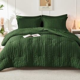 HYMOKEGE Seersucker King Comforter Set 3 Pieces, Lightweight Bedding Sets for All Seasons with 1 Soft Down Alternative Comforter and 2 Pillow Shams, Dark Green