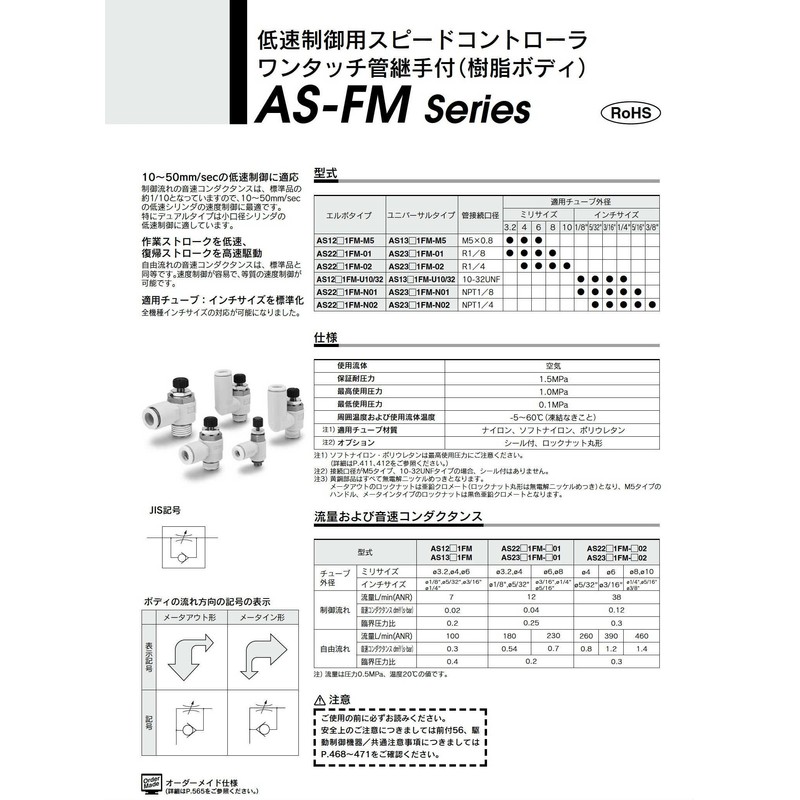 SMC AS1201FM-M5-06-J Low Speed Control Spikon with One-Touch Fitting Elbow