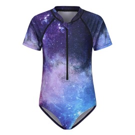Girls One Piece Rash Guard Swimsuits for Girl Short Sleeve Bathing Suits with Front Zipper Sun Protection Swimwear Dark Purple Nebula Size 8/7-8 Years