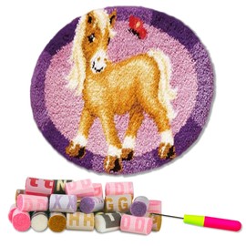 DL-YTG Latch Hook Kits Rug Pink Horse Crochet Yarn Cushion Colour Pre-Printed Canvas Cover Rug Needlework DIY Hook and Latch Kit Christmas Home Decoration 50x50cm/20 X20inch