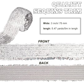 FINGERINSPIRE 5.5 Yards 3 Inch Wide Sequin Trim Sliver Elastic Sequin Ribbon Flat Curtain Ribbon Stretch Bling Paillette Ribbon Silver Sequin Fabric Trim for Dress Headband Sewing Craft