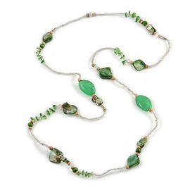 Avalaya Green/Clear Shell/Acrylic/Wood Bead Long Necklace - 116cm L