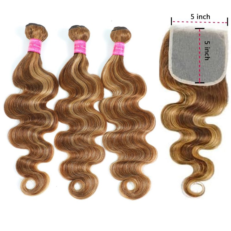 Highlight Brown Body Wave Bundles with 5x5 Closure 100% Unprocessed