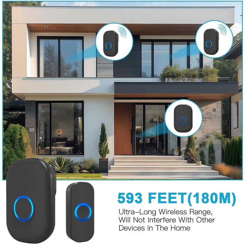 AMFUN Wireless Doorbell, Wireless Doorbell, Wireless Doorbell Set with 593FT