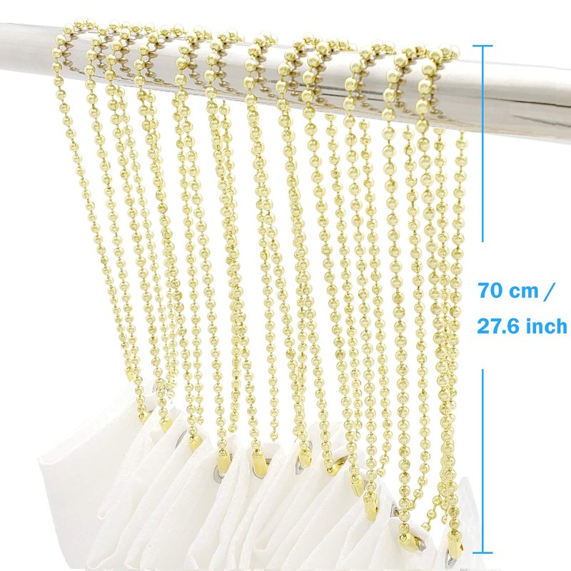 Gold Shower Curtain Hooks, 55 Inch Ball Chain Design, 12