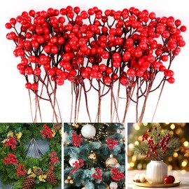 24 Pack Red Berry Stems, 7.6 Inch Holly Berry Stems, Artificial Red Berry Picks, Red Berries Christmas Decor Branches Ornaments for Christmas Tree, Wreath, Crafts, Winter, Xmas