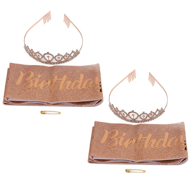 2 Sets Bridal Sash Rhinestone Tiara Kit Shiny Rose Gold