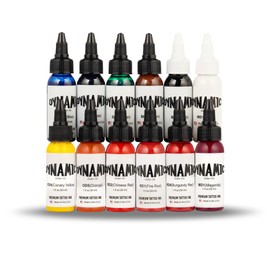 Dynamic Color Co - OG Tattoo Color Ink Set – 12 Sterilized 1oz Bottles – Made in USA Since 1990 – Essential Colors: Red, Blue, Yellow, Green, Violet, Black & White