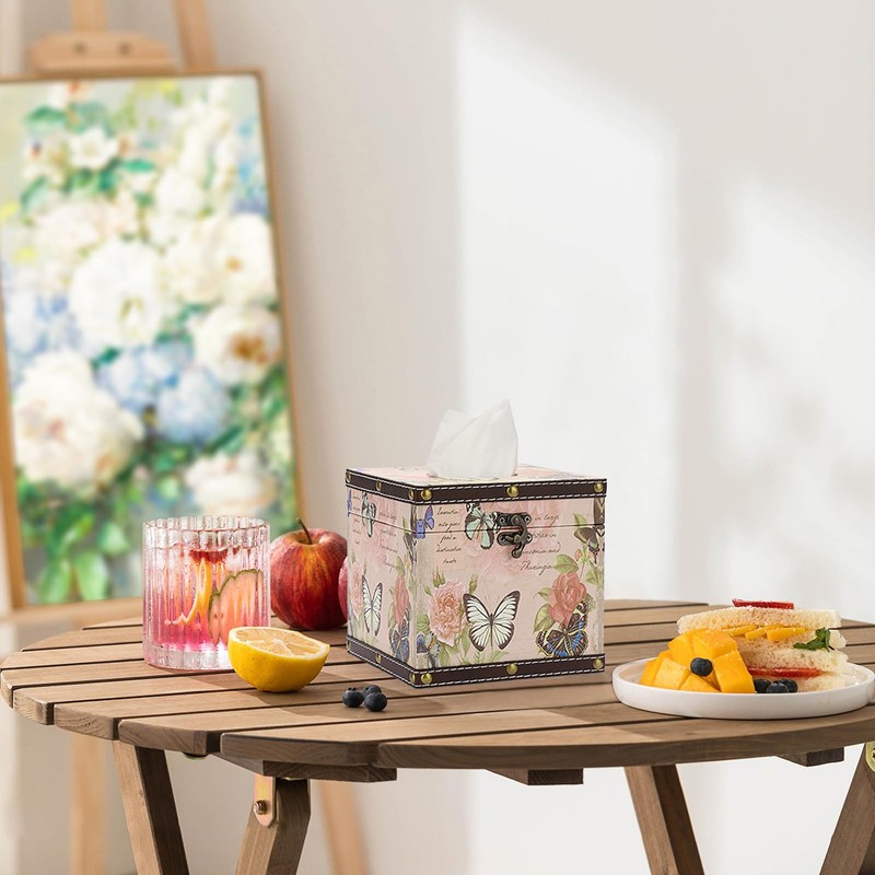 TOLIDA PU+ Wood Square Tissue Box Cover - Retro Household