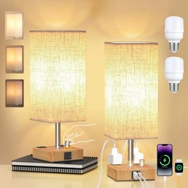 lámparas de mesa para recámara, Regulable lampara de buro, lampara de noche con puertos de carga USB C+A, 2 toma de corriente 120V, Pantalla de tela d