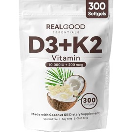 Megacephalus Real Good Essentials Vitamin D3 K2, Essentials D3+K2 (MK7) Coconut Oil 300 Softgels, with Vitamins D & K (1)