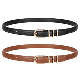 TRIWORKS 2 Pack Women Skinny Leather Belts for Jeans Pants Thin Faux Leather Belt with Gold Buckle