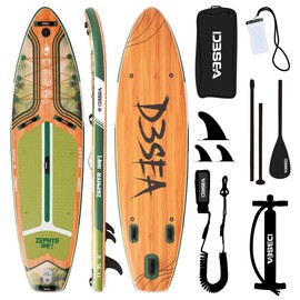 D3SEA 11'×35"×6" Inflatable Paddle Board, Wide Stable SUP with Adj Paddle, Pump, Backpack, Leash, Waterproof Bag – Ideal for Beginners, Yoga, Fishing - Jungle Timber