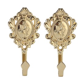 OULII 2-Pack Vintage Drapery Curtain Holdbacks Tieback Hooks Rose Pattern (Golden)