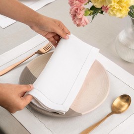 Signature Linen™ de D'Moksha Blanco Servilletas de Cena, Juego de 8, Servilletas de Tela 50 x 50 cm, 100% Lino Puro, con Vainica, Servilletas de Mesa Lavables a Máquina- Verano