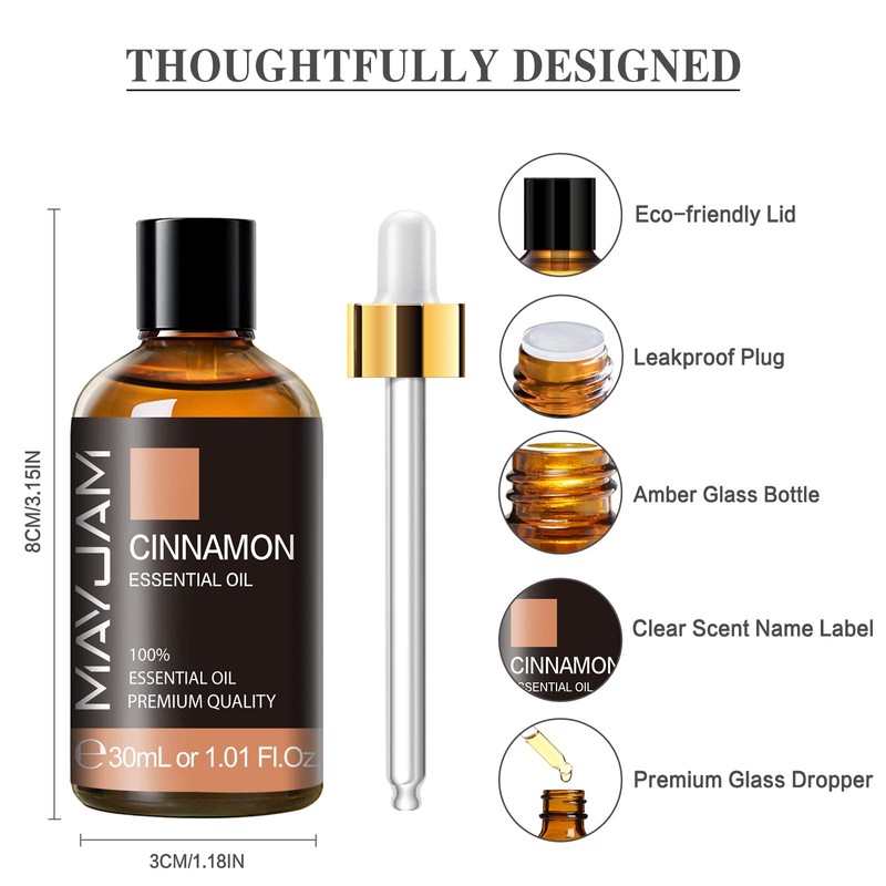 Cinnamon Essential Oil 30ml/1.01fl.oz, MAYJAM Premium Cinnamon Oils with Glass