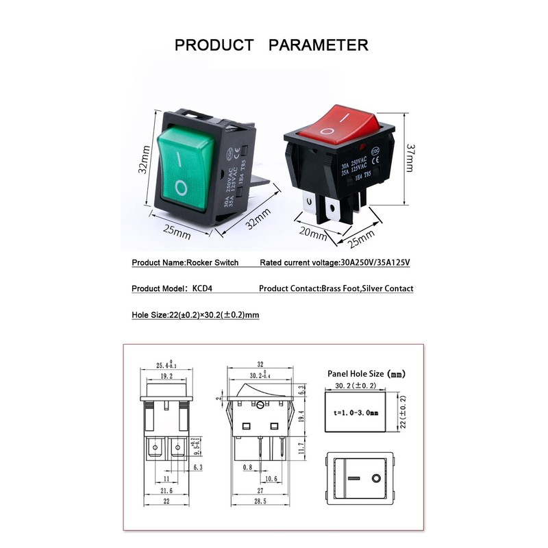 30A 250VAC/35A 125VAC KCD2 KCD4 Rocker Switch DPST 4 Pin