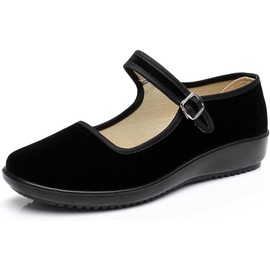 AioTio Velvet Mary Jane Shoes Women's Black Ballet Flats Women's Elegant Flat Shoes Old Beijing Fabric Shoes Soft Non-Slip Rubber Sole China Shoes with Comfortable Cotton Lining, black