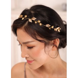 Lenjicons Golden Leaf Flower Headband Vintage Pearls Flower Hair Vine Boho Leaf Pearls Wedding Headpiece Handmade Bridal Hair Vine Golden Wedding Hair Accessories for Women