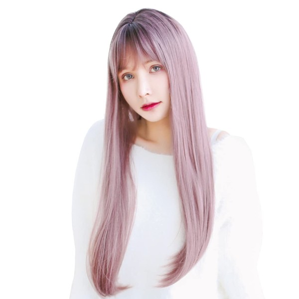 TefuRe C-8211 Wig, Long, Straight, Small Face, Hairpiece, Women’s Clothing, black x ash pink (BLK-A-PNK)