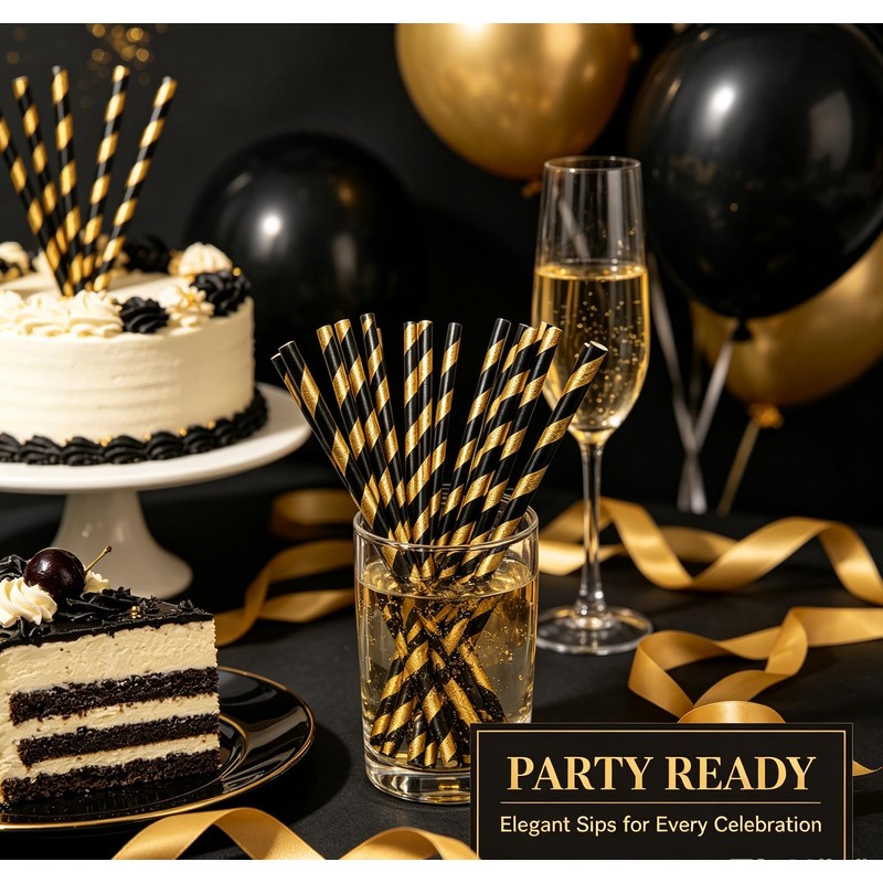Paper Straws Biodegraddable (Black Gold Striped)