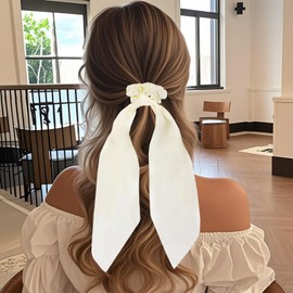 Flomiara 2PCS Hair Bows Scrunchies for Women, Ribbon Ponytail Holder Accessories Slides Solid Hair Ties, Accessories Hairdresser Knotted Bows Fabric Scrunchy Long Hair Band for Women Girls, Beige