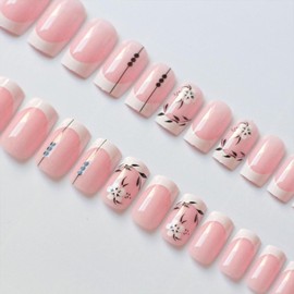 White Press on Nails Medium French Tip Fake Nails Flowers & Leaves Glue on Nails Light Pink Translucent Acrylic Nails Black Lines Stick on Nails for Women 24 Pcs